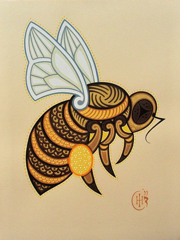 Original orange patterned bee in dotted contour tattoo design
