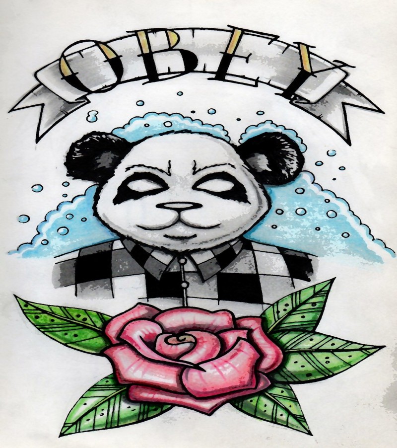 Original panda in shirt with quoted ribbon and rose tattoo design by Dmytro Pakholkiv