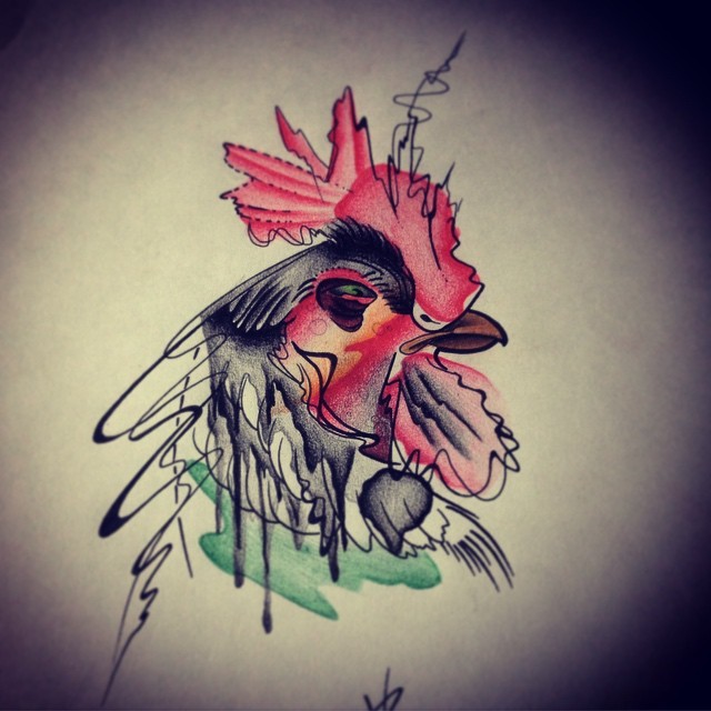 Original suspicious watercolor rooster head tattoo design