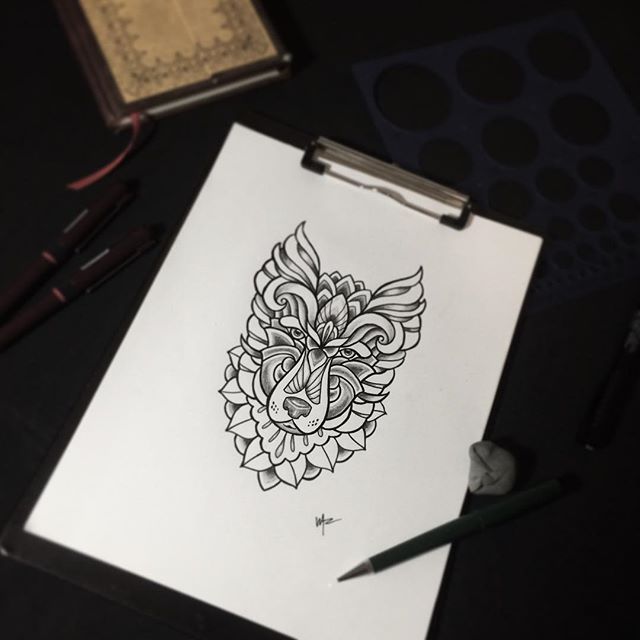 Original wolf face with mandala flower effect tattoo design