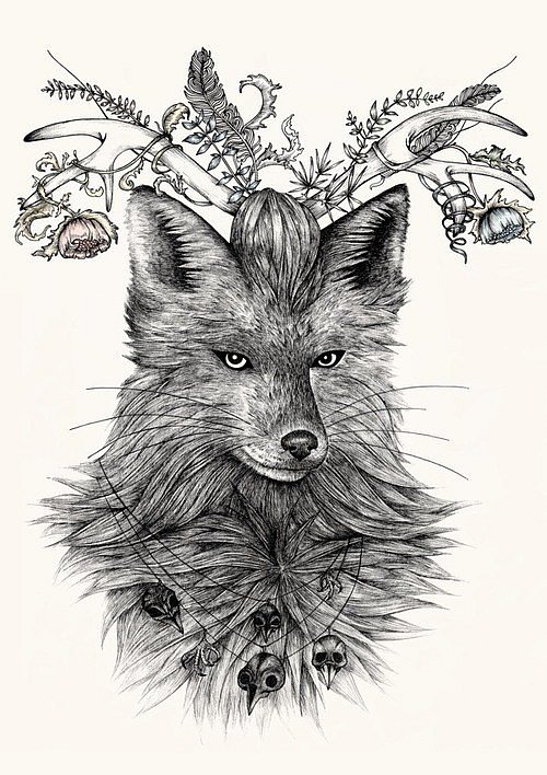 Original wolf with decorated horns and bird skulls necklace tattoo design