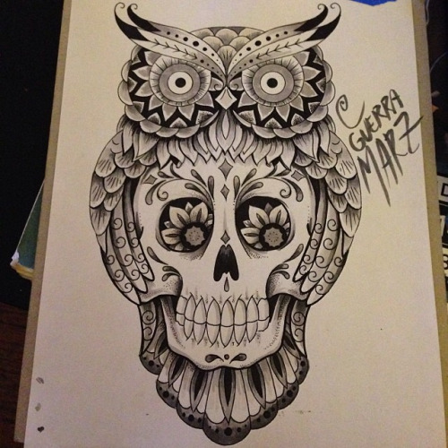 Ornamented owl and sugar skull tattoo design