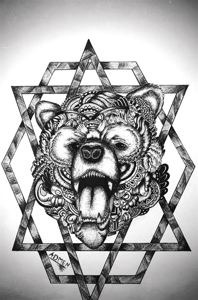 Ornate bear head tattoo design on geometric figures by Darya Admen