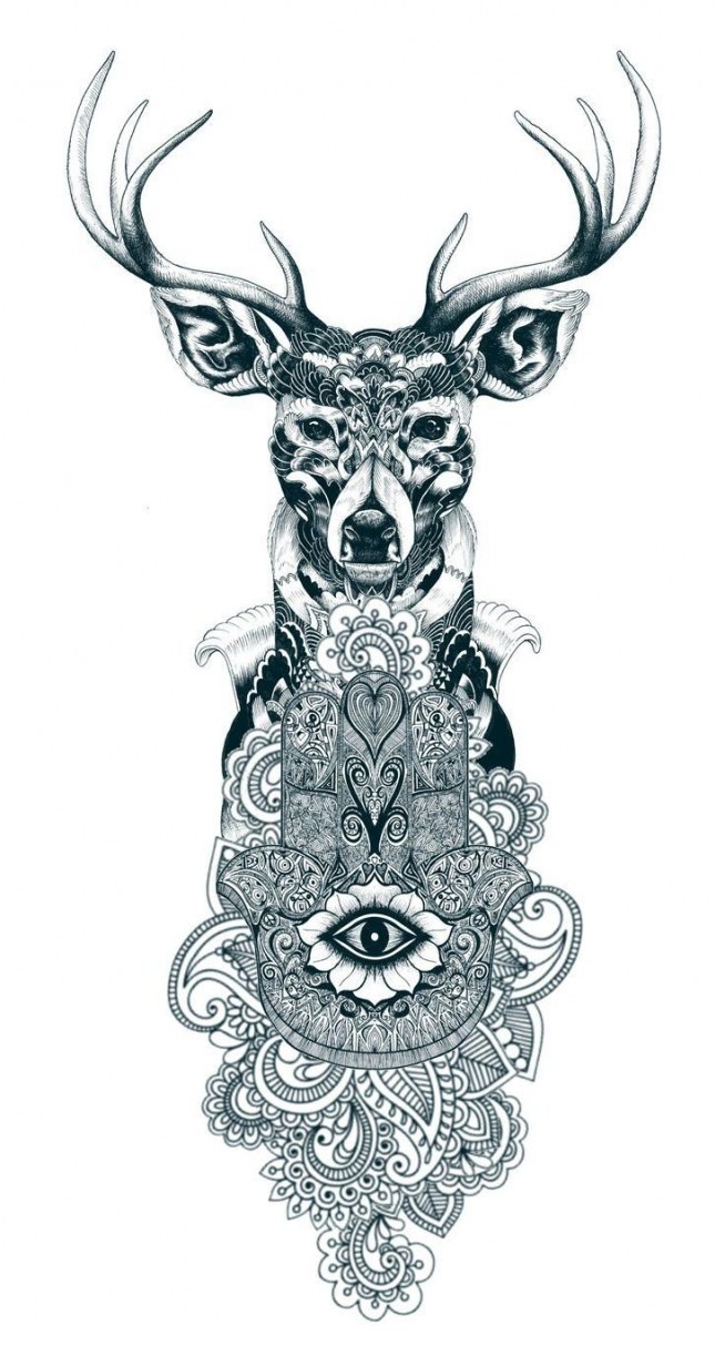 Ornate deer and hamsa symbol tattoo design