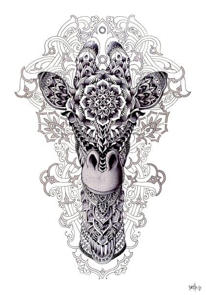 Ornate giraffe head on uncolored patterned background tattoo design
