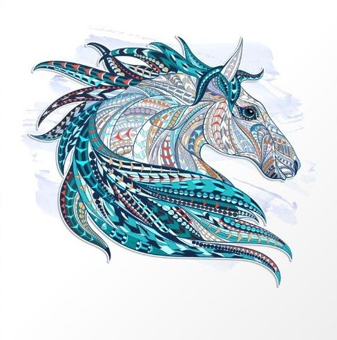 Ornate horse head in blue colors tattoo design