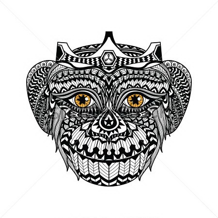 Ornate orange-eyed smiling chimpanzee tattoo design