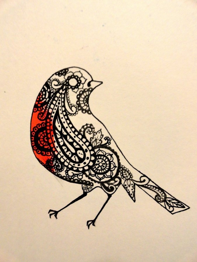 Ornate red-breasted sparrow tattoo design by Maudlin Petals