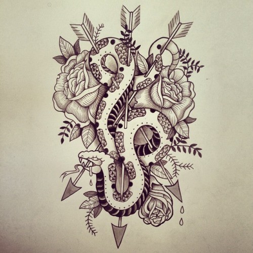 Ornate snake pierced with arrows tattoo design