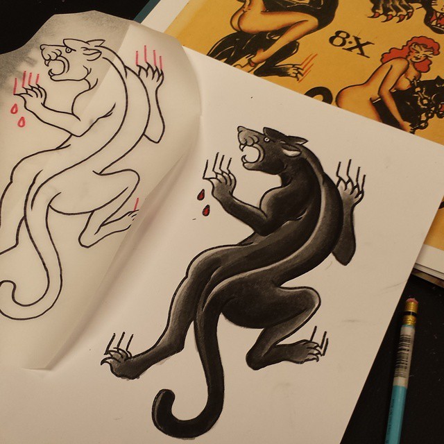 Outline and black crawling panther tattoo designs