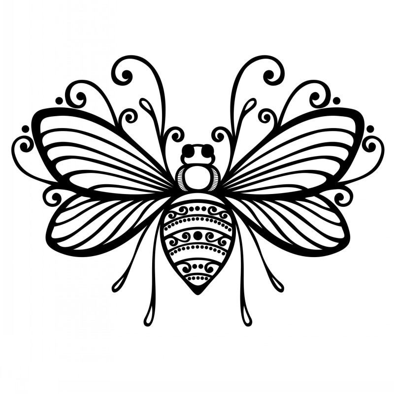 Outline bee with ornate stripes surrounded with curls tattoo design