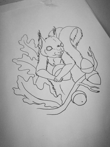 Outline blind-eyed squirrel with oak leaves and acorns tattoo design