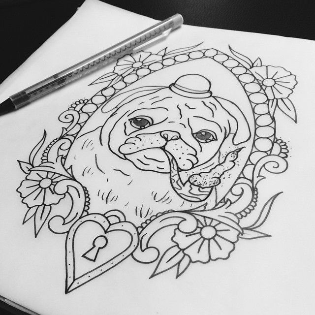 Outline british bulldog in flowered frame tattoo design