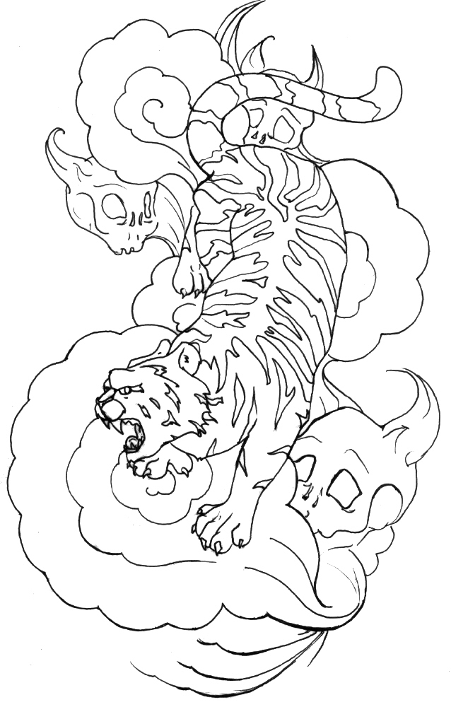 Outline chinese tiger on clouds and skull monsters tattoo design