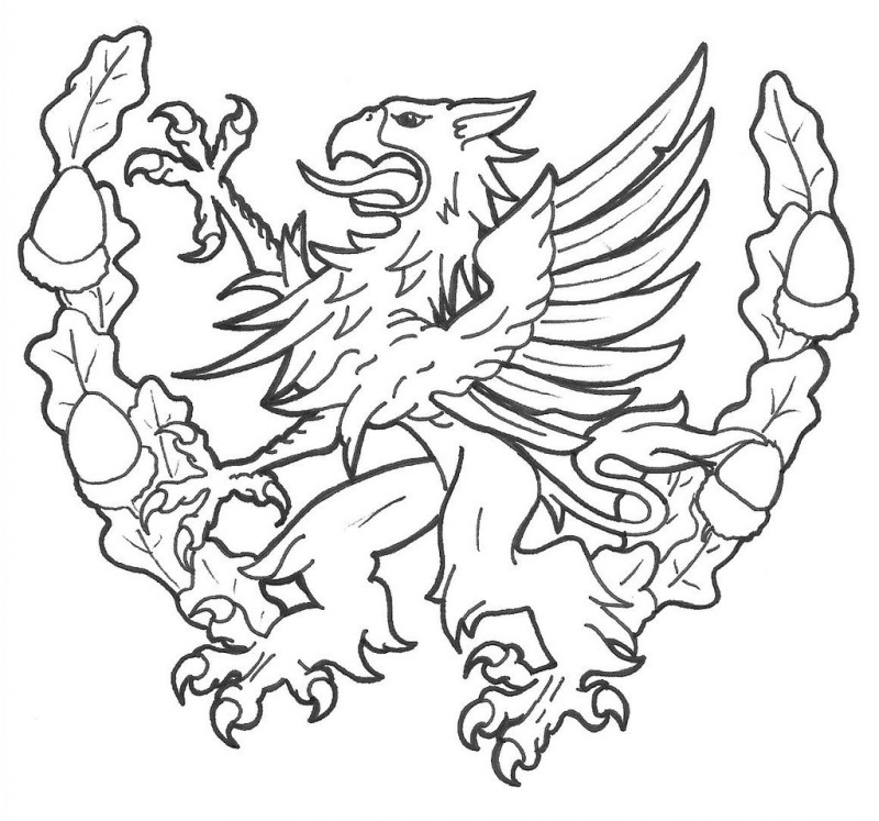 Outline crying griffin in a frame of oak leaves and acorns tattoo design