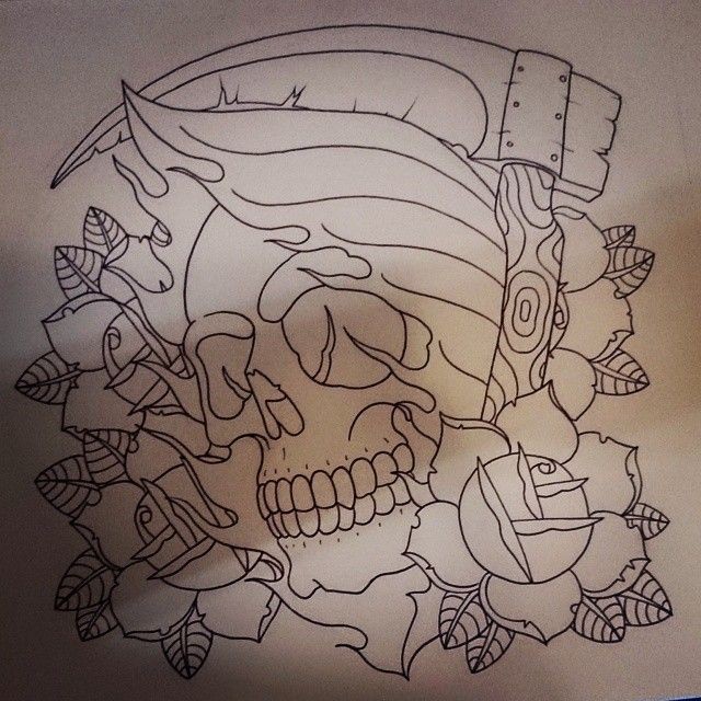 Outline death skull with a scythe and roses tattoo design