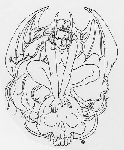 Outline devil girl with huge bat wings sitting on a skull tattoo design