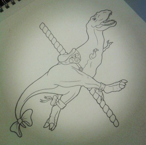 Outline dinosaur carousel with bows on legs and tail tattoo design