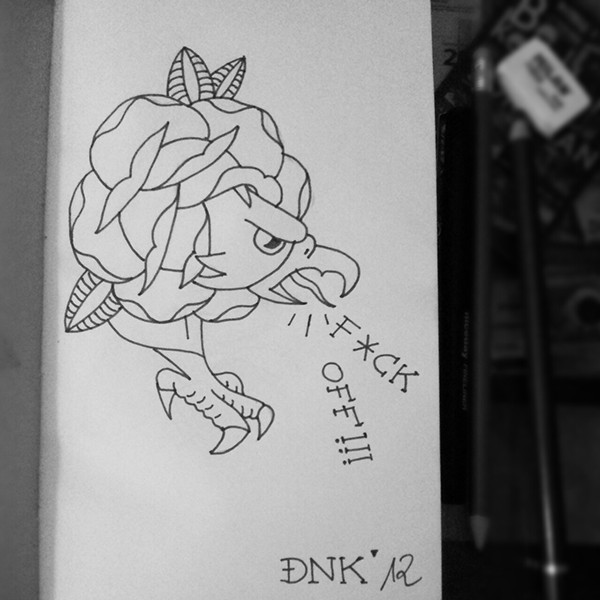 Outline eagle with rose body screaming bad words tattoo design