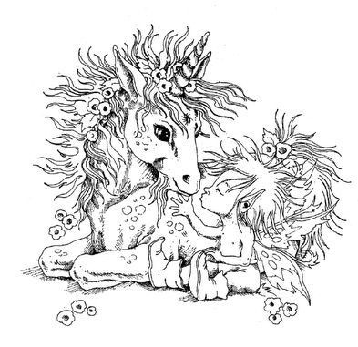 Outline fairy baby playing with gorgeous unicorn in cartoon style tattoo design