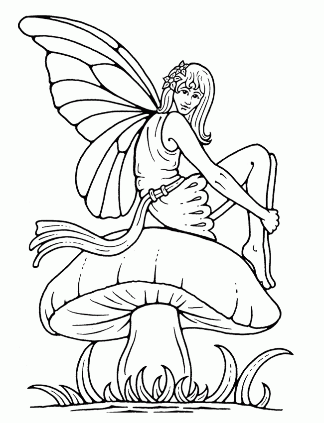 Outline fairy sitting on a huge mushroom tattoo design