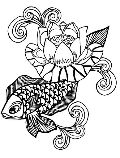 Outline fish and lotus with many curls tattoo design