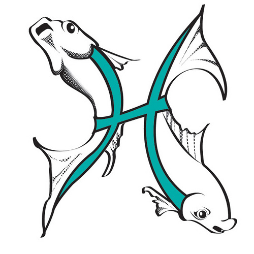 Outline fish couple and turquoise zodiac sign tattoo design
