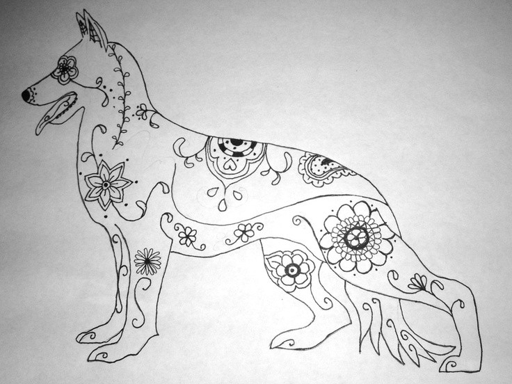 Outline folk-patterned german shepherd figure tattoo design
