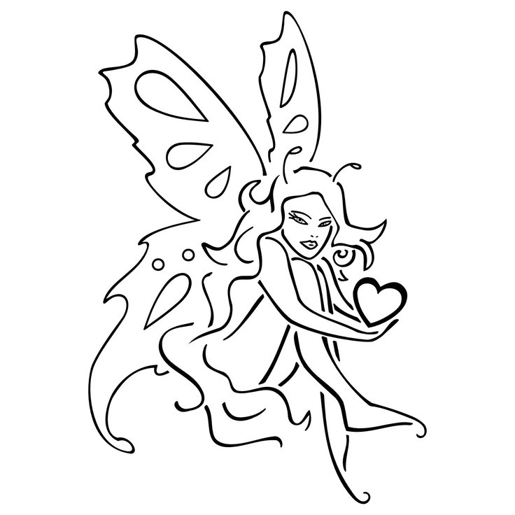 Outline horned fairy keeping a tiny heart tattoo design