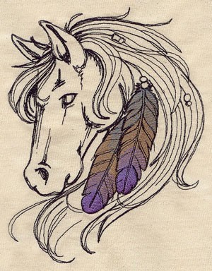 Outline horse with luxuty mane decorated with violet feathers tattoo design