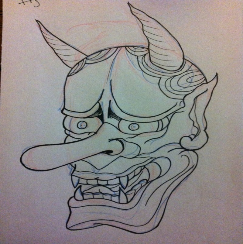 Outline japanese devil with an extra long nose tattoo design by Hobojay