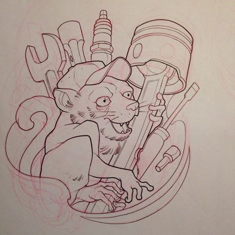 Outline lemur worker with metal instruments tattoo design