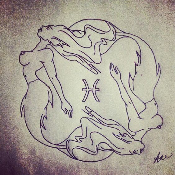 Outline mermaid circle with zodiac sign tattoo design