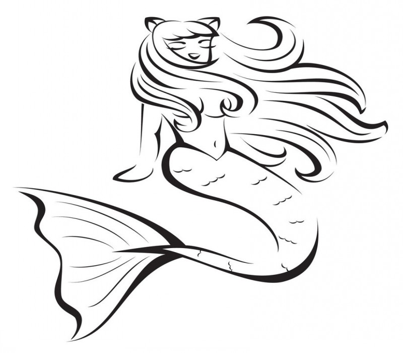 Outline mermaid with cat ears tattoo design by White Tigress 12158