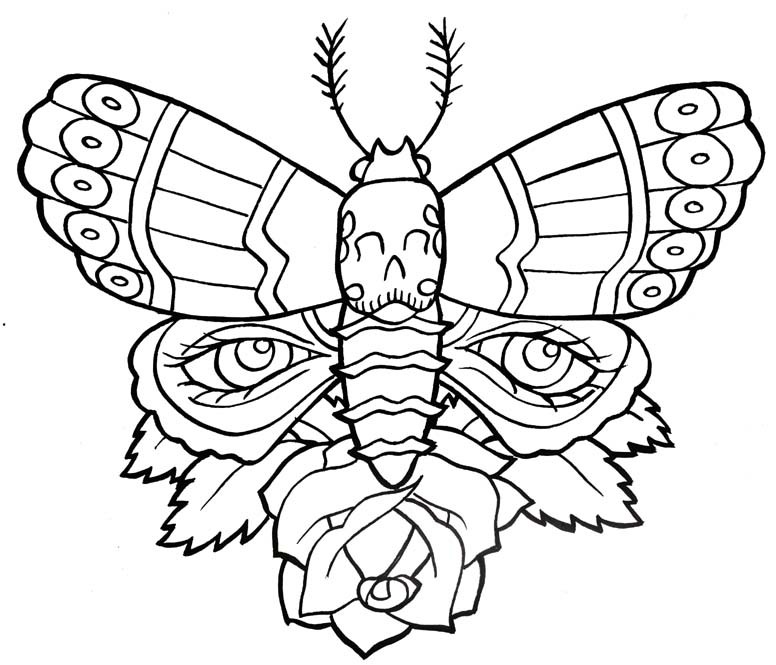 Outline moth with eye print and single rose flower tattoo design