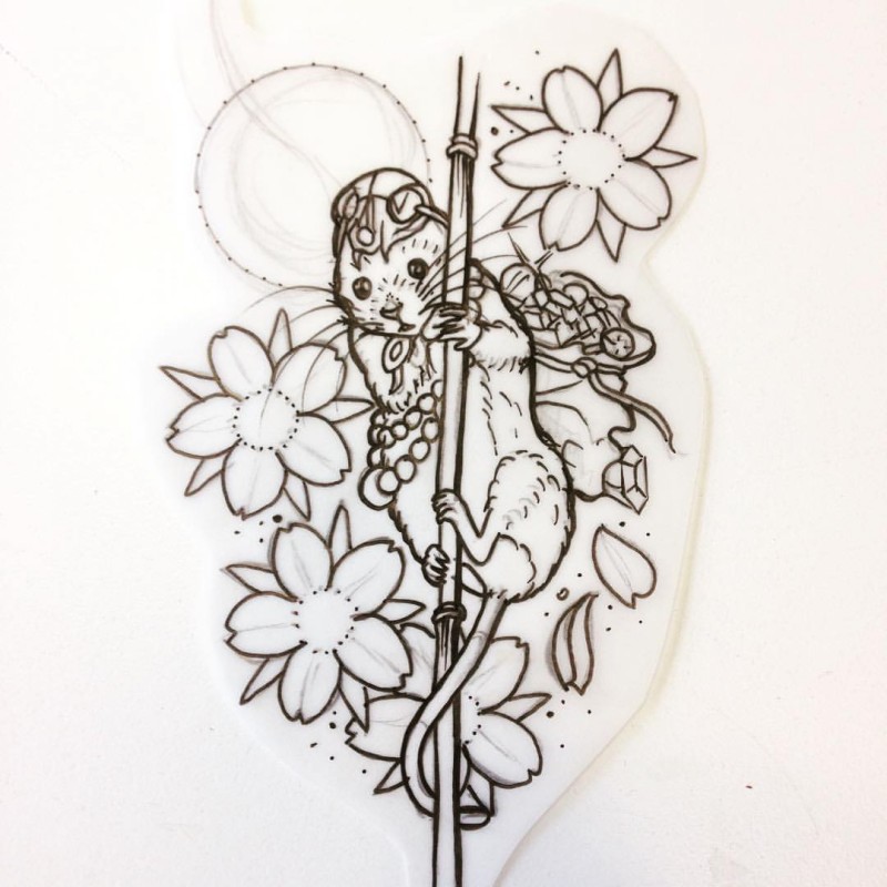 Outline mouse with treasure climbing by stick surrounded with cherry blossom tattoo design