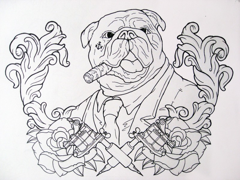 Outline mr bulldog in suit with pipe framed with flowers and tattoo mashines tattoo design