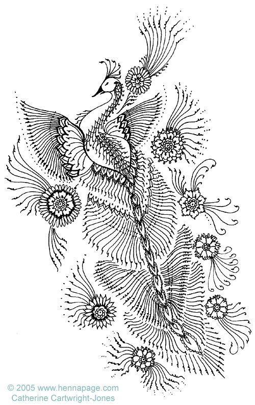 Outline peacock with layer tail surrounded with flowers tattoo design