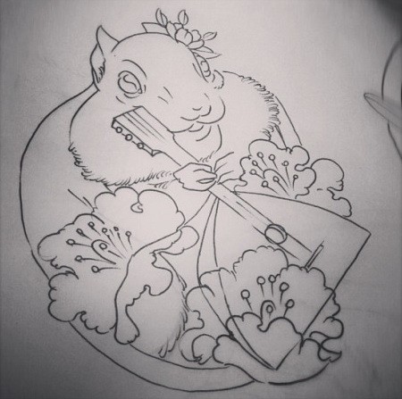 Outline rodent with balalaika and flowers tattoo design