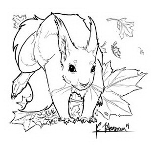 Outline running squirrel and maple leaves tattoo design