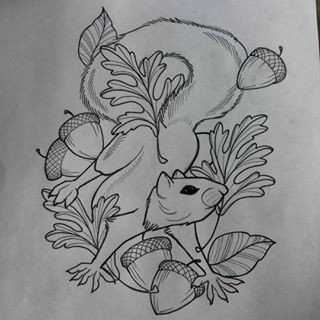 Outline running squirrel catching its acorns tattoo design