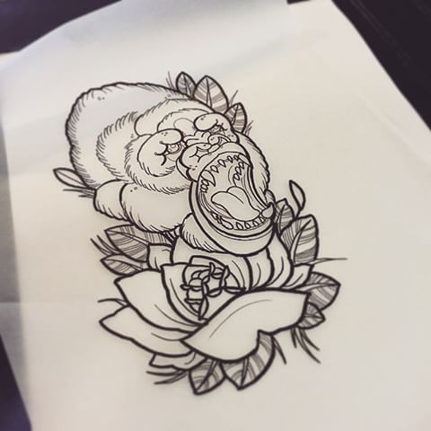 Outline screaming gorilla and rose flower tattoo design