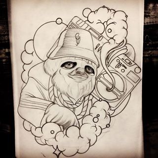 Outline sloth hipster listening to the recorder tattoo design