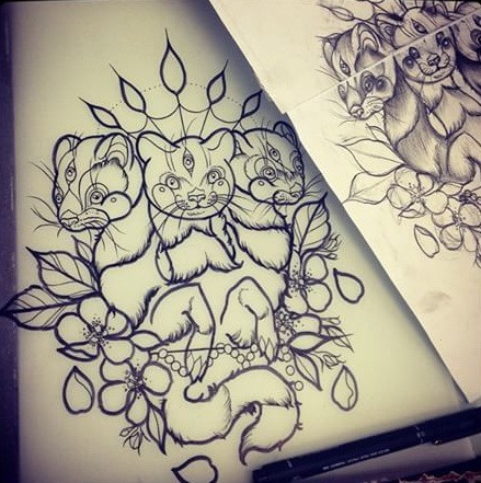 Outline three-headed rodent with flowers and background shining tattoo design