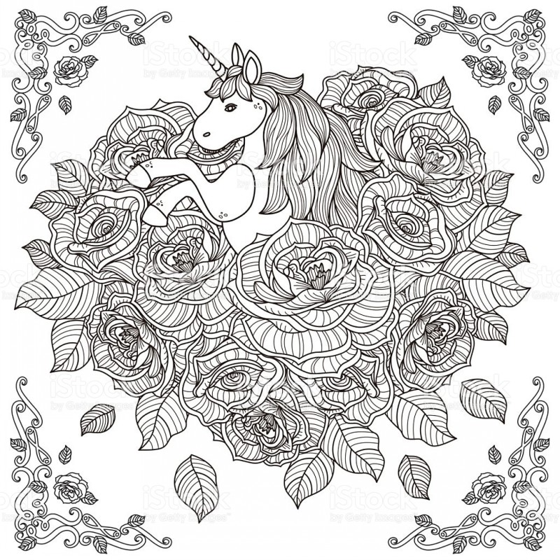 Outline unicorn looking from a pile of roses tattoo design