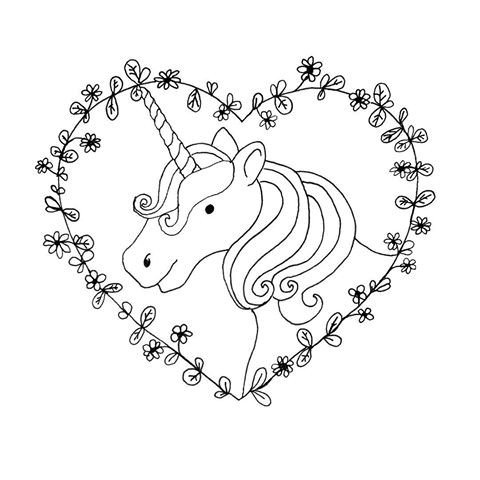 Outline unicorn portrait in floral heart-shaped frame tattoo design