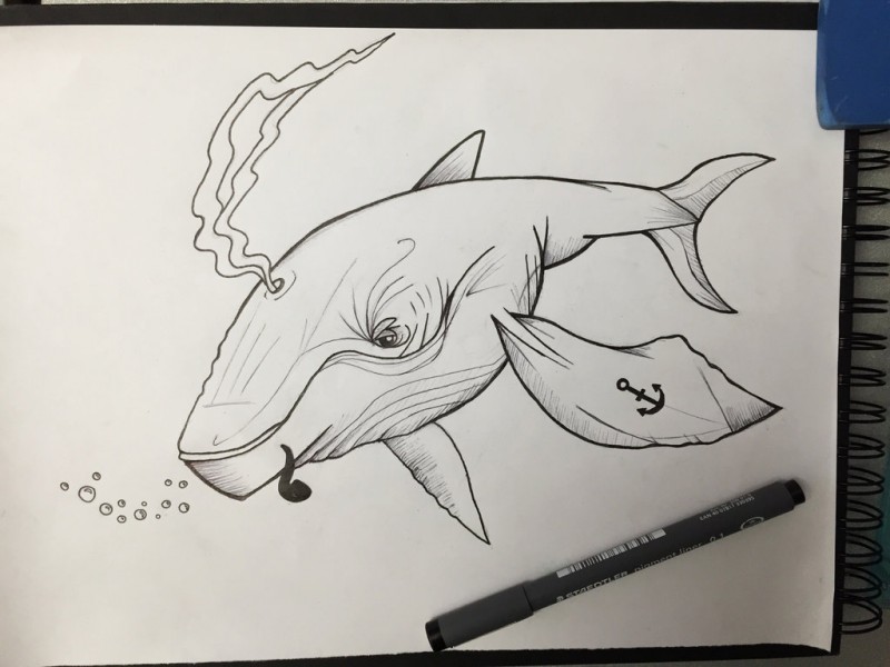 Outline whale smoking under water tattoo design by Diego Unknown