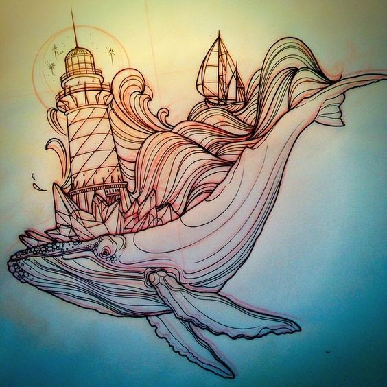 Outline whale with huge lighthouse and fluffy waves on back tattoo design