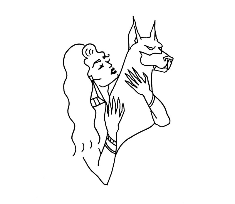 Outline woman and doberman tattoo design