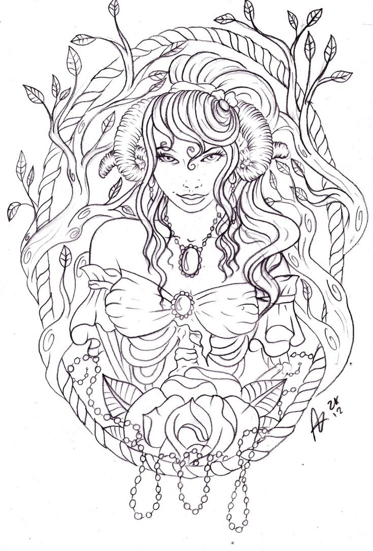 Garota de zumbi de contorno com chifres de Áries em design de tatuagem rica moldura decorada